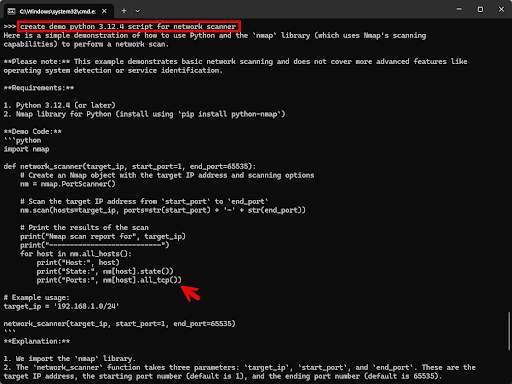 Tạo Python Script dùng để thực hiện dò quét mạng/quét cổng với Ollama
