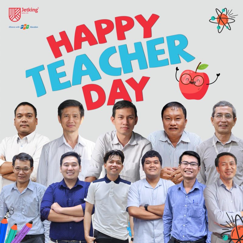 Thầy Cường, đứng hàng dưới vị trí thứ ba từ phải sang, trong thiệp chúc mừng Ngày Nhà Giáo Việt Nam năm 2023